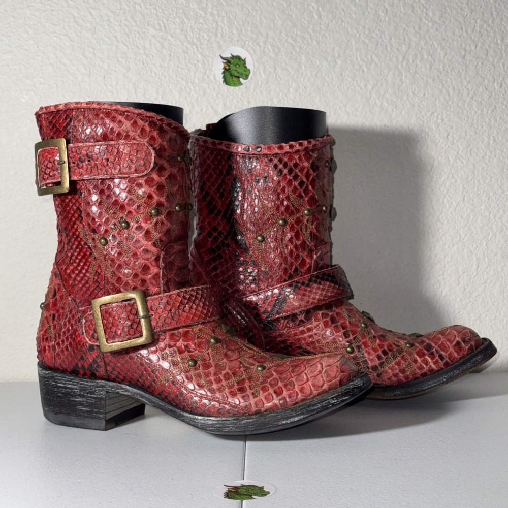 New Old Gringo Women's Red Python Snake Skin Studded Leather Biker Boots  7.5